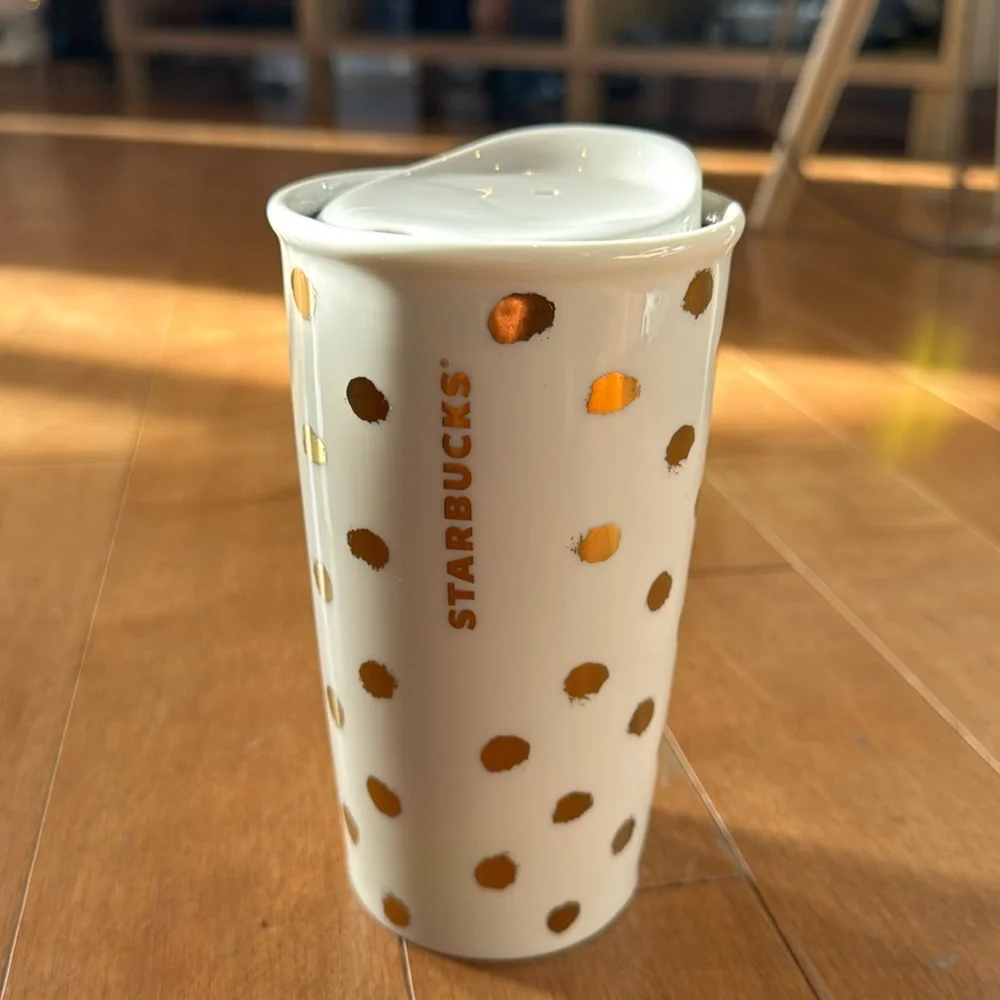 NWOT Starbucks Gold Polka Dot Ceramic Tumbler in 10oz